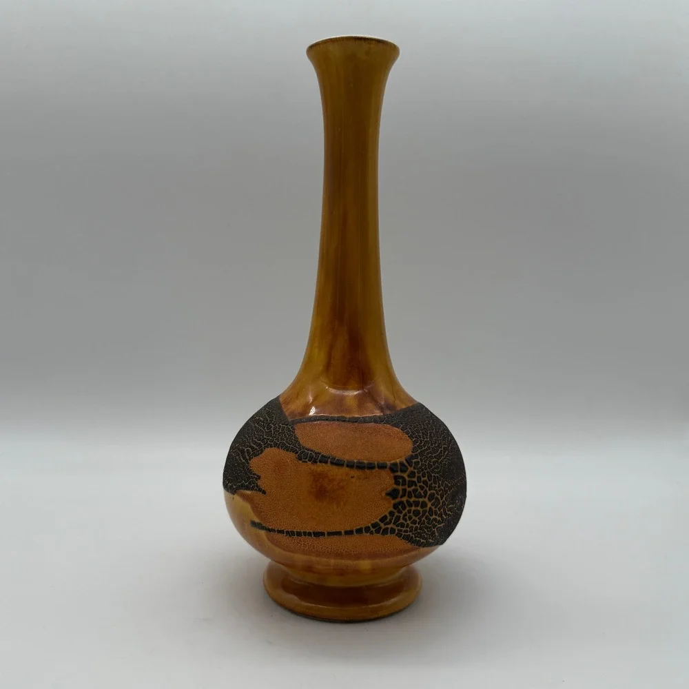 Vintage Studio Pottery Bud Vase Amber Lava Textured Mid Century Modern 10in